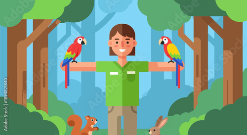 Man surrounded by wildlife in a forest with parrots and squirrels.