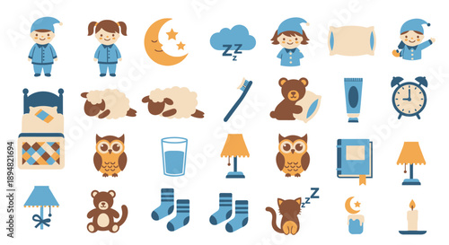 Collection of cartoon icons depicting sleep and bedtime routine in soothing blue tones.