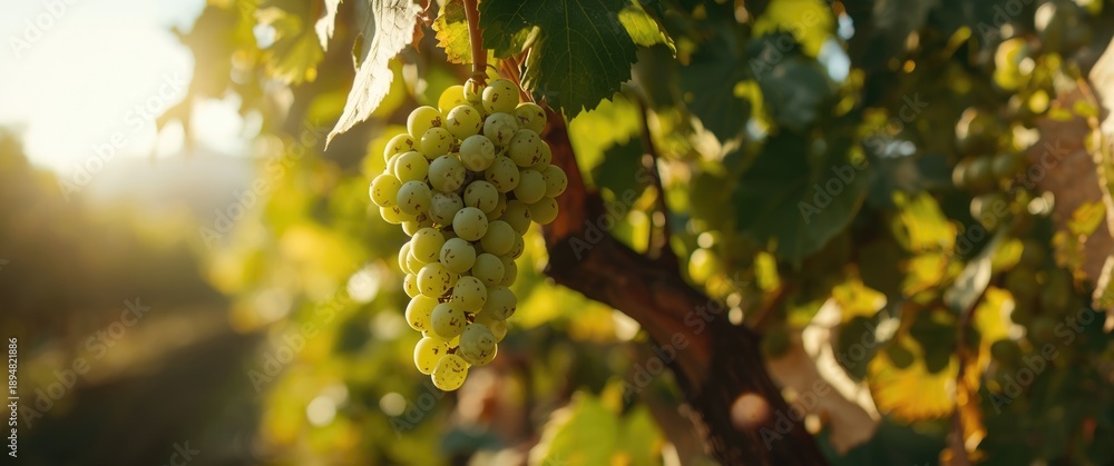 Fototapeta premium Detailed shot of unripe grapes against a background emphasizing food, summer, and nature themes, including wine, leaf, autumn, fruit, green, and blue colors
