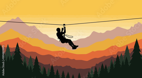 Person ziplining through mountains at sunset with forest below.
