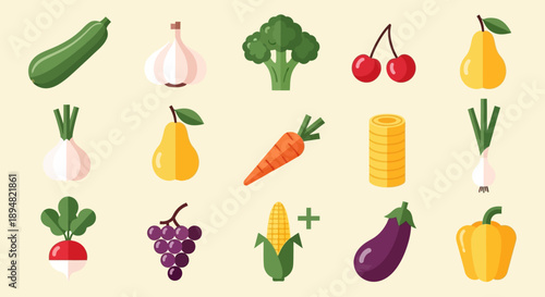 Assorted Fruits and Vegetables Set with Various Colors and Shapes.
