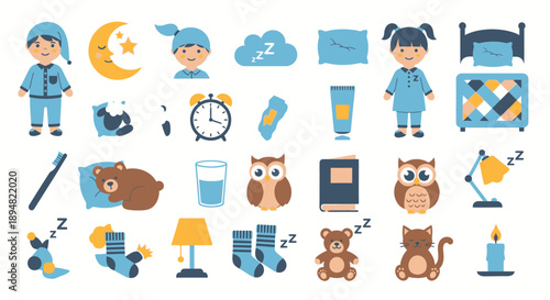 Collection of cartoon icons representing sleep and bedtime routines.
