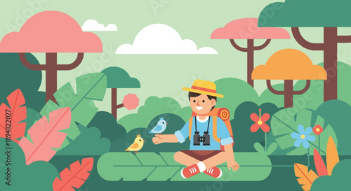 Cartoon man sitting in a forest surrounded by trees and flowers.