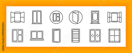Window set icon. Open, closed, glass frame, shutters, sliding, interior, entrance, ventilation, light, air, home, transparent, reflection, decor