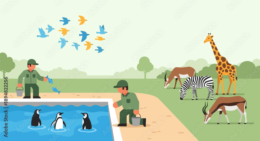 Fototapeta premium Zoo keepers caring for animals in a wildlife sanctuary.