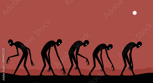 Evolution of Humanoid Figures in a Red Landscape.