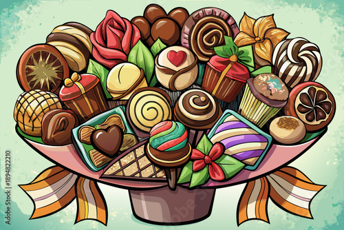 An exquisite presentation of chocolates arranged in the style of a beautiful paper bouquet, perfect for gifting or enjoying sweets, and the luxurious confectionary design showcases rich textures.