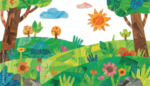 A vibrant, textured illustration of a sunny meadow filled with colorful flowers, rolling green hills, and trees under a bright blue sky with fluffy clouds.