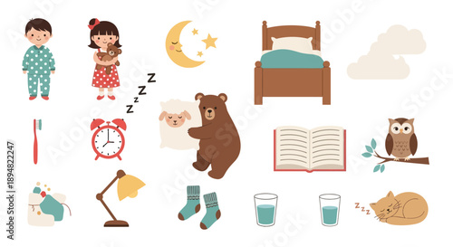 Bedtime Routine Elements with Animals and Bed.