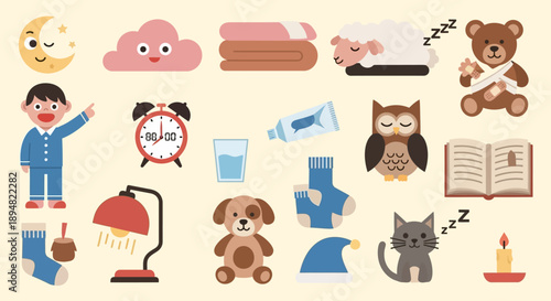 Bedtime routine cartoon elements for children sleep.