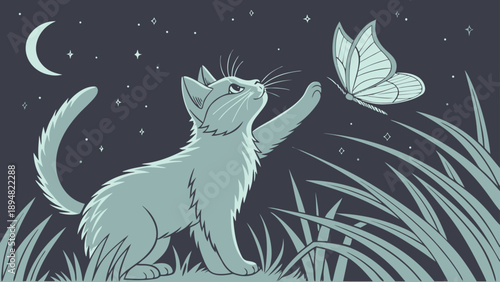A whimsical vector illustration of a cat chasing a butterfly at night