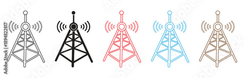 Set of diverse color communication tower icons emitting wireless signals, representing network and connectivity