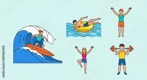 Collection of people engaged in various sports and activities.