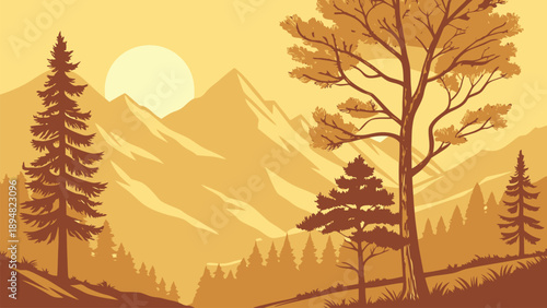 A serene mountain landscape with trees at sunset in a vector graphic design