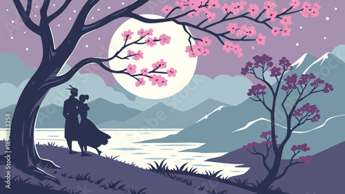 A romantic couple stands under a blooming cherry blossom tree by a serene lake at night