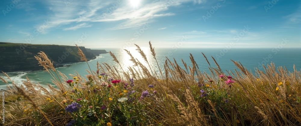 Fototapeta premium Kimmeridge Bay Cove with Dried Grass and Fresh Flowers on a Sunny Day