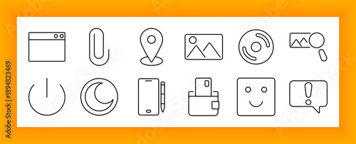 Interface and tool set icon. Includes window, paperclip, location pin, photo, disc, magnifier, power, moon, stylus, USB drive, smiley, and alert bubble symbols