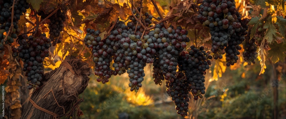 Fototapeta premium Autumn scene with bunches of purple and green wet hanging grapes