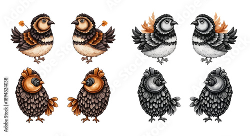 A collection of four pairs of charming illustrated quail birds