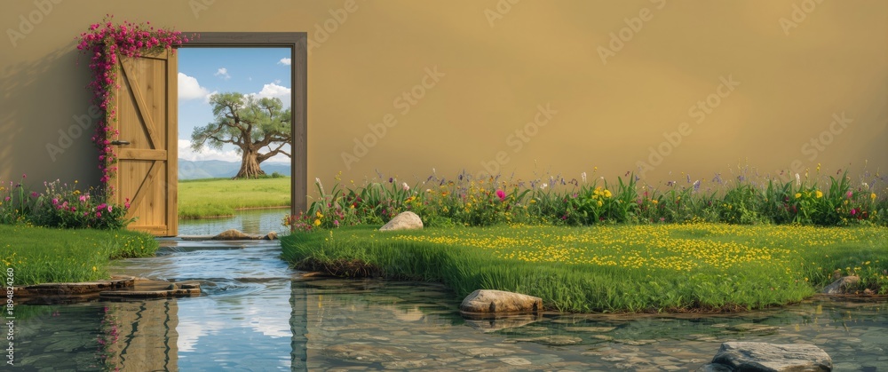 Fototapeta premium Open door revealing a natural landscape with flowers, water, trees, and grass during summer and spring seasons
