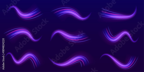 Neon light streams surge forward through darkness, forming energetic motion trails and futuristic digital depth. vector