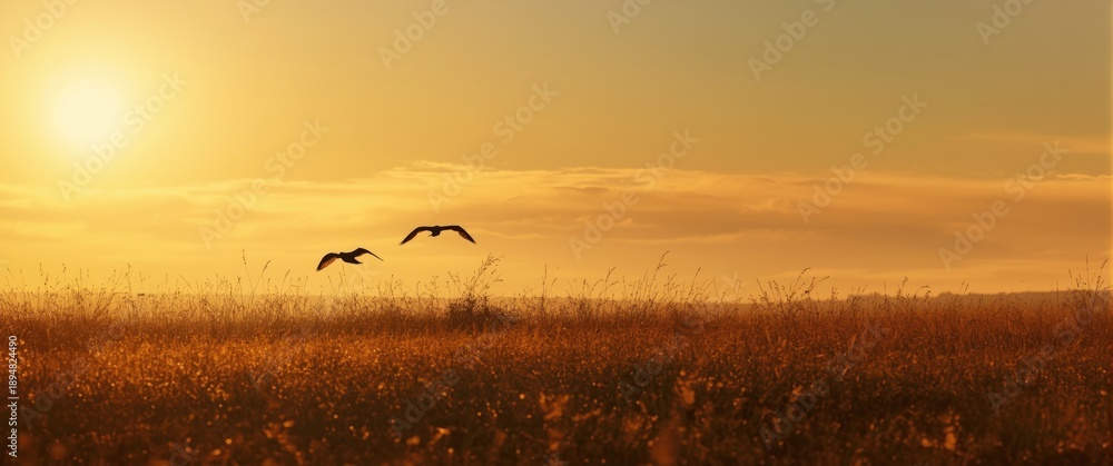 Fototapeta premium Silhouette of Birds in Flight on Meadow During Autumn Sunrise for Easter Religious Concept