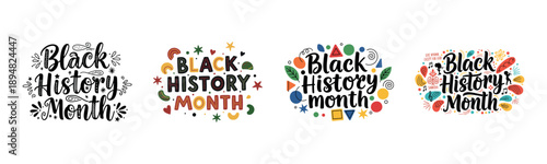 Black history month celebration designs with colorful patterns and typography