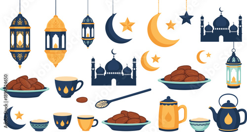 Ramadan Kareem Flat Vector Icon Set with Islamic Lanterns Mosque Crescent Moon Dates and Iftar Elements