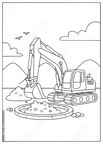 Excavator coloring page shows a heavy machine digging a hole in the ground