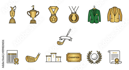 Golf championship gold award icon set with trophies, medals, and winner jackets.