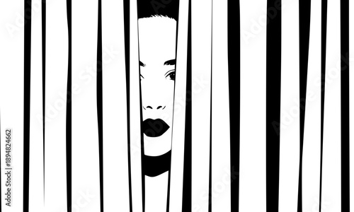 Face emerging from black and white vertical stripes creating optical illusion with hidden portrait effect and surreal visual distortion for conceptual art background