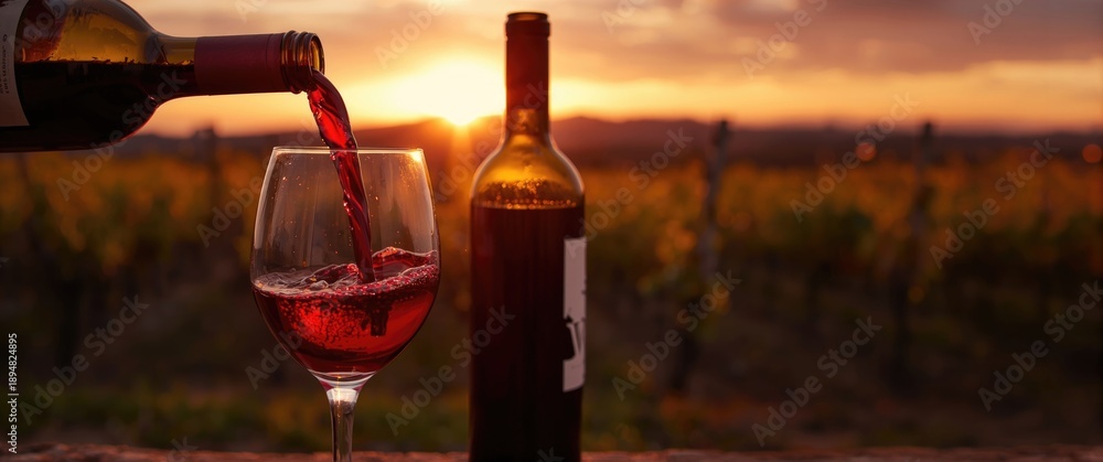 Obraz premium Red wine being poured into glasses at sunset