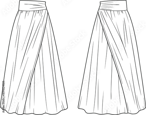 Cad Drawing Flat Vector Illustration, Draped Skirt Fashion Sketch, High Waist Design, Front and Back View, Garment Sewing Template, Apparel Pattern, Stylish Silhouette