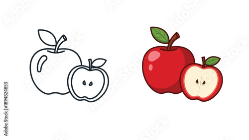 Comparing a simple black and white apple outline drawing next to a fully colored illustration of a whole apple and a cross section showing seeds