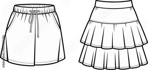 Cad drawing flat vector illustration, elastic waistband skirt, drawstring tie, tiered flared design, visible stitching, fashion sketch, apparel template**