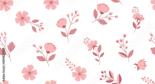 Seamless Floral Pattern Flat Vector with Soft Pink Flowers Minimal Botanical Repeating Background Design