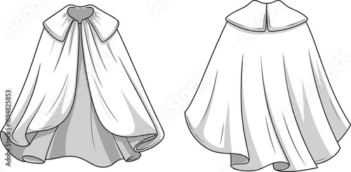 CAD drawing flat vector illustration, elegant cape fashion sketch, front and back view, costume garment template, stylish outerwear design, versatile apparel clothing outline