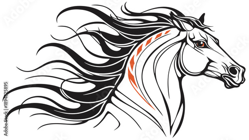 Stylized horse head with flowing mane and vibrant red accents on neck illustration
