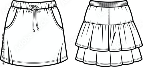 Cad drawing flat vector illustration, elastic waistband skirt, drawstring tie, tiered ruffle design, fashion sketch, garment template, apparel flat sketch**