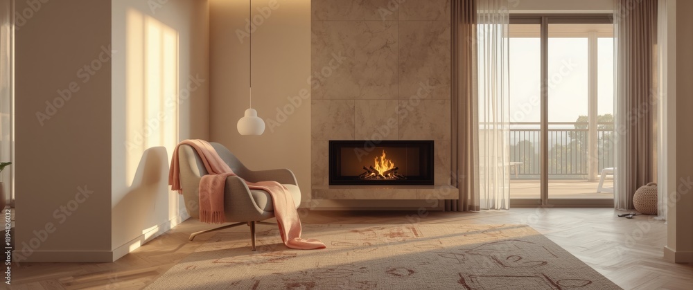 Fototapeta premium Modern apartment living space with patterned carpet, grey armchair, and pink blanket close to the fireplace