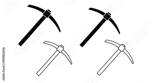 Four pickaxes depicted in a minimalist black and white silhouette