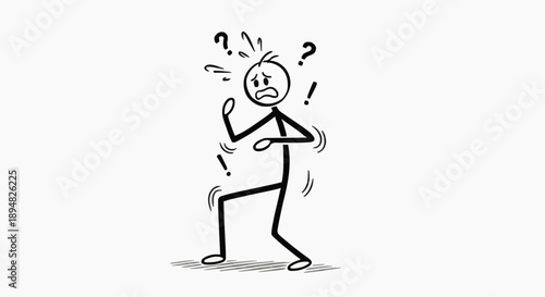 Stick figure expressing confusion and anxiety with question marks and exclamation points.