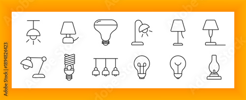 Lighting set icon. Hanging lamps, LED bulbs, desk lights, floor lamps, table lamps, chandelier, incandescent bulbs, and oil lamp icons representing indoor and decorative lighting types.