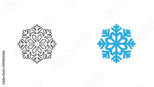 Comparison showcasing two distinct snowflake icons one featuring a black outline style and the other displaying a vibrant blue filled design for seasonal applications