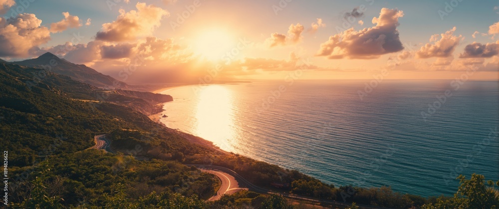Fototapeta premium Colorful landscape of a coastal road on a summer day, featuring a breathtaking sea view and scenic green mountains during sunset