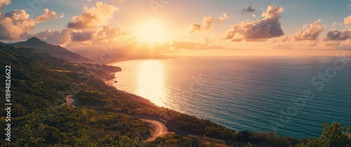 Panel kuchenny z motywem Colorful landscape of a coastal road on a summer day, featuring a breathtaking sea view and scenic green mountains during sunset