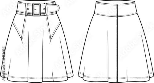 Cad drawing flat vector illustration, flared skirt design, belt with buckle, panel construction, stitching detail, front back view, fashion sketch**