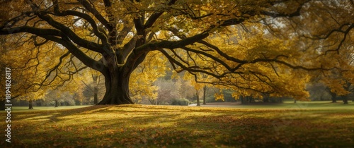 Panel kuchenny z motywem Forest landscape featuring a big oak tree in autumn