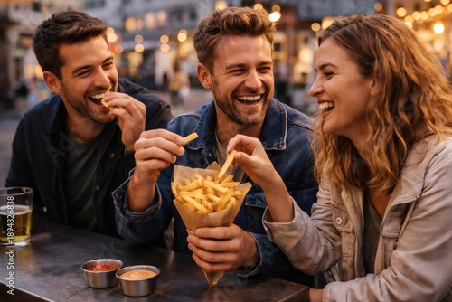 Wallpaper Mural Friends eating french fries together at outdoor cafe in the evening city. Torontodigital.ca