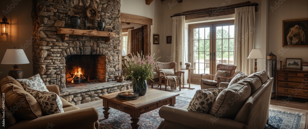 Naklejka premium Living room interior within a farmhouse residence